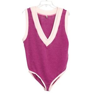 Free People V Neck Bodysuit Ribbed Varsity Tennis